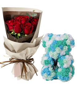 Eight Roses Bouquet with Lovely Bear Delivery Japan