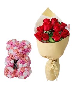 12 Red Roses with Pink Artificial Bear Deliver in Japan