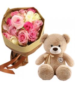 12 Pink Roses with Brown Teddy Bear Delivery Japan