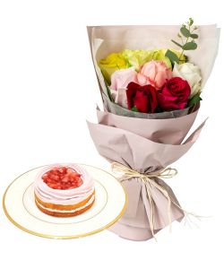 Cake with Flower Delivery Japan-Mix Roses-Strawberry Cake