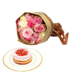 Flower with Cake Delivery Japan - 12 Pink Roses & Strawberry Cake